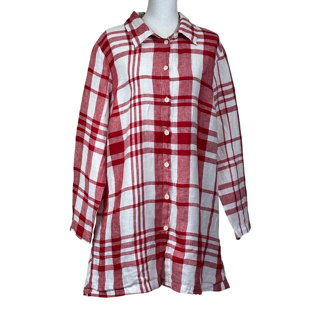 Flax Red White Plaid 100% Linen Shirtdress Medium, coastal, artsy, cottagecore